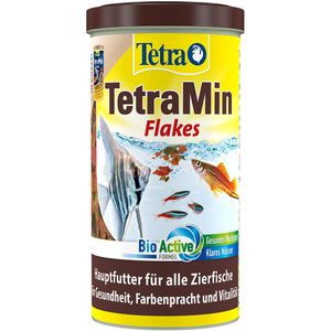 TetraMin (hoofdvoering voor alle siervissen in vlokkenvorm, voor een lang en gezond visleven en helder water, plus prebiotica voor verbeterde lichaamsfuncties en voederrecycling), 1 l doos.