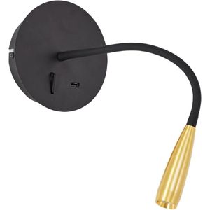 Brilliant lamp Jutta LED wandspot met flexibele arm en schakelaar zandzwart/mat goud USB metaal/kunststof zwart 2,8 W LED geïntegreerd