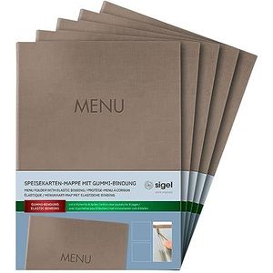 SIGEL SM210 Menumap met elastiek, 2 transparante hoezen voor 8 DIN A4-vellen, menureliëf, donkerbeige, 5 stuks