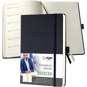 SIGEL C2403 agenda weeknotitie-kalender 2023/2024, ca. A5, zwart, hardcover, 256 pagina's, elastiek, penlus, archieftas, PEFC-gecertificeerd, 18-maanden-kalender, conceptum