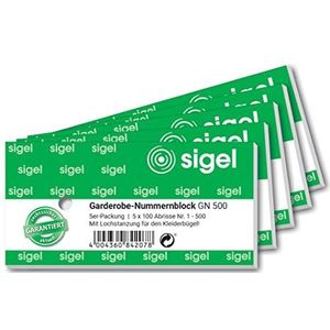 Sigel GN500 garderobe-nummerblokken met perforatie, 500 bons (doorlopend genummerde blokken van 1 tot 500, 10,5 x 5 cm), in totaal 5 blokken, gemaakt van duurzaam papier