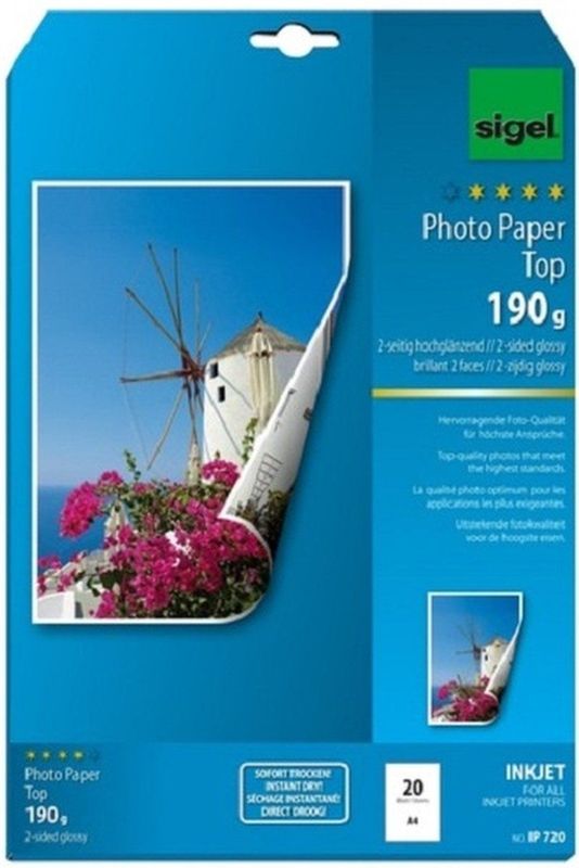 Sigel inkjet fotopapier - Top - A4 - hoogglanzend - dubbelzijdig - 190 grams - 20 vel - SI-IP720