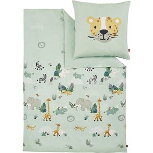 s.Oliver Kinderbeddengoed Dieren 100x135 cm - 100% katoen, praktische ritssluiting en machinewasbaar, beddengoed voor kinderen 2-delig dierentuindieren lichtgroen