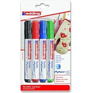 edding 4500 textielmarkers, zwart, rood, blauw, groen, 4 stuks, ronde punt 2-3 mm, textielvilt wasbaar (60 °C) voor het versieren van stoffen, textielmarkers