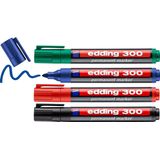 edding 300/4S permanent marker set - zwart, rood, blauw, groen - 1,5-3mm - water- en wrijfvast - voor karton, kunststof, hout, metaal - universele marker - alcoholstift