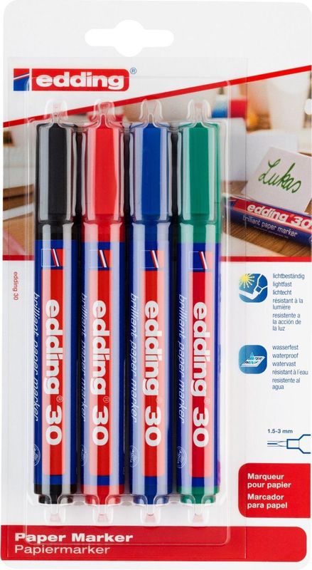 Pigmentmarker edding 30 brilliant paper marker 1,5-3mm schwarz, rot, blau, gr&#252;n VE=4 St&#252;ck