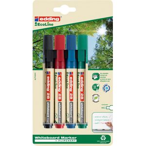 edding 28 EcoLine Whiteboard-markers, meerkleurig, 4 stiften, ronde punt, 1,5-3 mm, afwisbare pen, voor whiteboards, magnetisch, memo en conferentieschilders, navulbaar