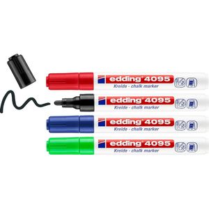 edding 4095 krijtmarkerset - zwart, rood, blauw, groen - 4 krijtstiften - ronde punt 2-3 mm - krijtstift voor borden, uitwisbaar, ruiten, glas, spiegels - bordstift met dekkende kleuren