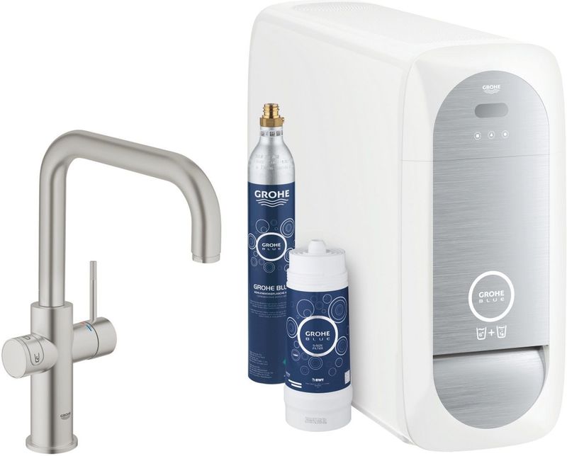 GROHE Blue Home Duo Keukenkraan - Met Bluetooth en WIFI - Starterkit - U-Uitloop - Chroom - Voor gezuiverd, gekoeld en bruisend water