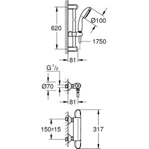 GROHE Grohtherm 1000 Thermostatische douchemengkraan 1/2"" met douchegarnituur hoh 15cm met koppelingen chroom