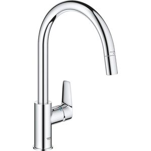 GROHE Start Edge 30550000 Keukenkraan, hooguittrekbare uitloop, vorm C, 360° draaibaar, QuickFix-installatie, ecologische doorstroombegrenzer, chroom