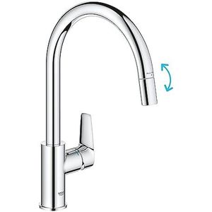 GROHE Start Edge QuickFix - 1 hendelmengkraan met uittrekbare functie (hoge C-uitloop, 360° draaibaar oppervlak, 28 mm keramische cartridge, staarten 1/2 inch, hoge druk), maat 357 mm, chroom,