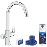 GROHE Blue Pure StartCurve Starterset voor gefilterd water (gootsteenkraan, hoge C-vorm, 150° draaibare uitloop, actieve koolfilterset onder de gootsteen, staarten 3/8 inch), maat 411 mm, chroom,