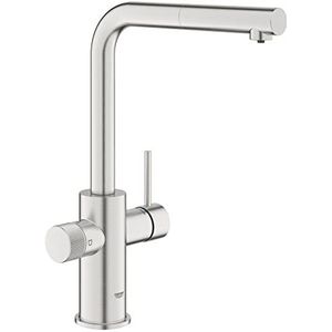 GROHE Blue Pure Minta - eenhands wastafelarmatuur met filterfunctie (L-uitloop, montage met één gat, uittrekbare mousseuruitloop, draaibare buisuitloop), supersteel, 30601DC0