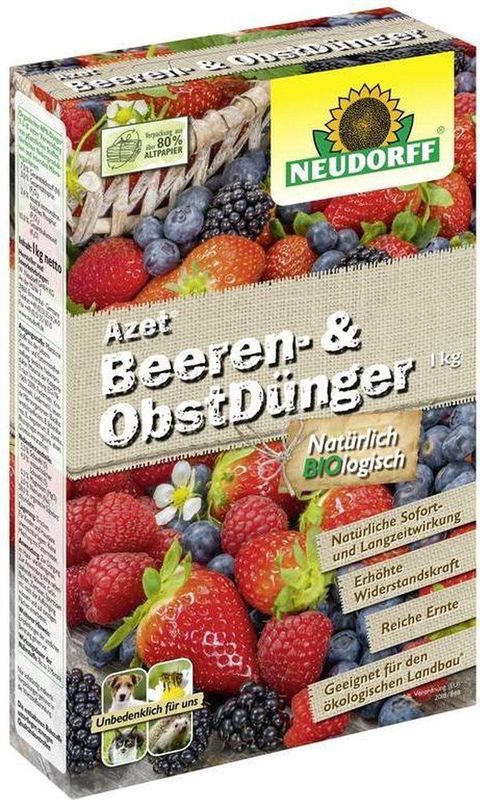 Neudorff Obstdünger Bio - Azet Beeren- & ObstDünger 1 kg, für mehr Geschmack und reiche Ernte bei Beeren und Obst, organischer Langzeitdünger mit Sofort- & Langzeitwirkung, Himbeer & Erdbeer Dünger aus natürlichen Rohstoffen