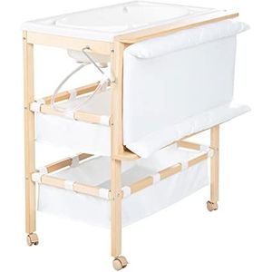 roba verzorgingstafel met bad, 2-in-1 Baby Pool + waterdicht verzorgingskussen op draaibare luiertafel + 2 vakken – babybad vanaf de geboorte – natuurlijk hout