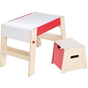 Roba Schildertafel & kruk set, kindertafel & stoel combinatie hout natuur/rood, bureau voor de kleuterschool incl. stoel met papierrol