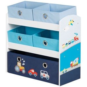 roba Racer speelgoedrek - Speelrek voor kinderkamer met 5 stoffen dozen - Met automotief in blauw - Opbergrek voor jongens en meisjes - Wit hout