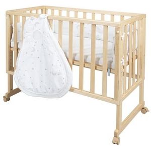 roba Cododo safe asleep® 3-in-1 wieg – babybed + uitrusting in sterrendesign – matras + slaapzak + veiligheidshek – natuurlijk hout