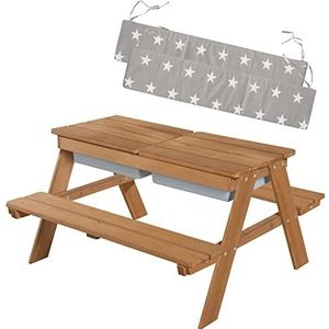 roba Picknicktafel voor kinderen, massief hout, met 2 geïntegreerde zand- en waterbakken + kussens, weerbestendig, bruin