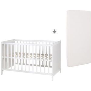 roba 2-in-1 babybed 60 x 120 cm + matras - rooster- en bijzetbed 6-voudig in hoogte verstelbaar - 5 spijlen - hout wit