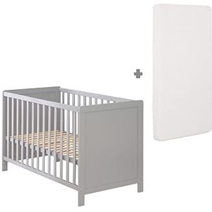 roba Kinderbed 2-in-1, onafhankelijk en Cododo 60 x 120 + matras, om te bouwen tot een onafhankelijk babybed, in hoogte verstelbaar, 5 afneembare spijlen, grijs gelakt hout