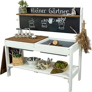 Meppi Matschkeuken, kleine tuinier, wit - bruin - outdoorkeuken van hout / plantentafel voor kinderen / knutseltafel voor buiten