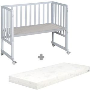 roba Cododo bed 45 x 90 cm safe asleep 3-in-1 - in hoogte verstelbaar - complete set met wieg, matras, canvas barrière en remwielen - grijs hout