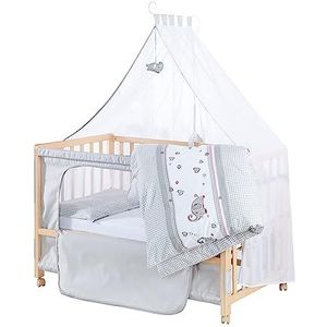 roba Jumbotwins Compleet Cododo Bed - 60 x 120 cm - Babybed + compleet textiel met olifantenpatroon - matras, lucht, beddengoed - 4 wielen met remmen - natuurlijk hout