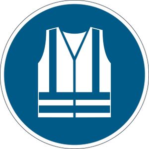 Duurzaam bord, rond, voor binnengebruik, motief "Gebruik veiligheidsvest", EN ISO 7010, zelfklevend, blauw-wit, 1 stuk