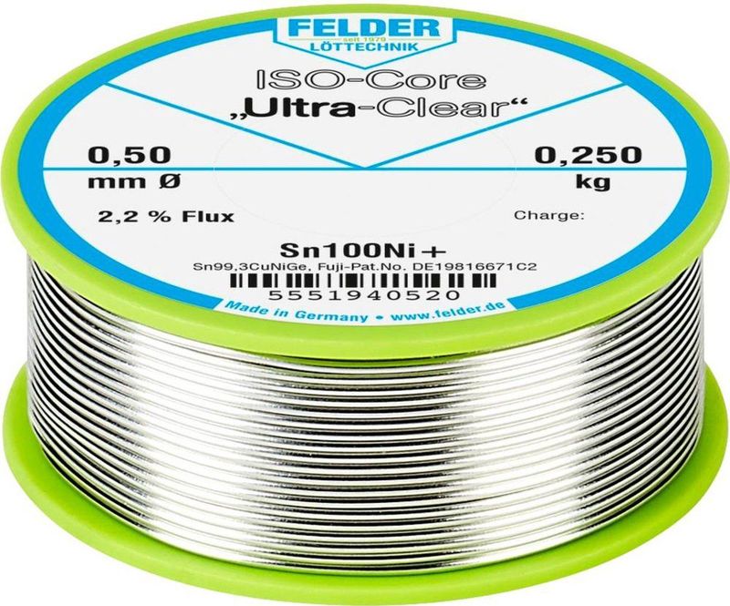 Felder ISO-Core Ultra-Clear Sn100Ni+ Soldeertin, loodvrij Spoel Sn99,25Cu0,7Ni0,05 0.250 kg 0.5 mm