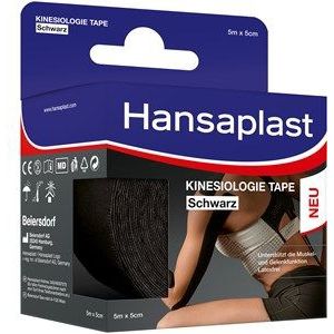 Hansaplast Kinesiotape, waterdichte sporttape, verlicht spierpijn en bevordert de doorbloeding*, Kinesio Tape biedt ondersteuning voor gewrichten en spieren, 1 rol, zwart