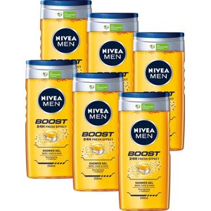 NIVEA MEN Boost Douchegel – pH huidneutraal formule - Met Revitaliserend Cafeïne - Voordeelverpakking 6 x 250 ml