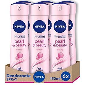 NIVEA Pearl & Beauty Deodorantspray, 6 x 150 ml, deodorant voor dames, met parelextracten voor stralende en zachte huid, deodorant voor 48 uur
