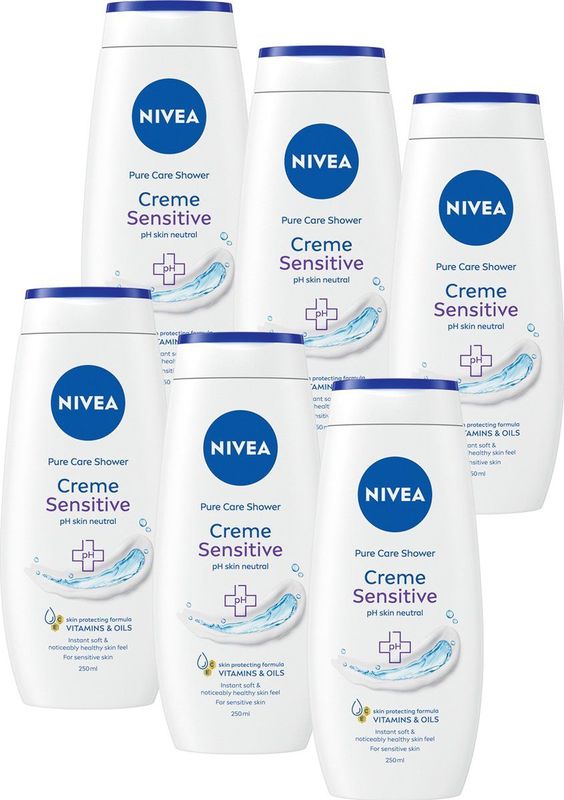 NIVEA Crème Sensitive Douchecrème– Zeepvrij – Met vitamine C en E - Bevat 3 heilzame oliën - 6 x 250 ml - Voordeelverpakking