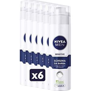 NIVEA MEN Sensitive Scheerschuim, 6 x 200 ml, verrijkt baardschuim met combinatie van kamille en toverhazelaar, baardscheren zonder irritatie