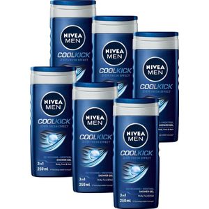 NIVEA MEN Cool Kick Douchegel - 3-in-1 Shower Gel Met Verfrissende Menthol - Shampoo - Voordeelverpakking - 6 x 250 ml