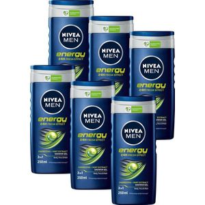 NIVEA MEN Energy Douchegel - Voor Lichaam, Gezicht en Haar - Met Mintextract - Duurzaam Product - Voordeelverpakking 6 x 250 ml