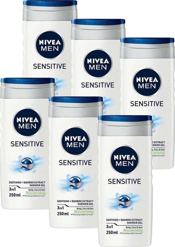NIVEA MEN Sensitive Douchegel - 3-in-1 Shower Gel - Shampoo - Voordeelverpakking - 6 x 250 ml