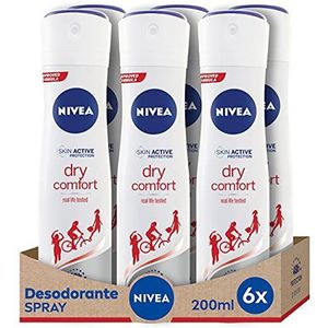 NIVEA Dry Comfort Spray in verpakking van 6 (6 x 200 ml), anti-transpiratie deodorant met 72 uur bescherming, deodorant spray voor vrouwen, getest in het echte leven