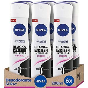NIVEA Black & White Invisible Original Spray in verpakking van 6 (6 x 200 ml) deodorantverwijderaar voor vrouwen, onzichtbaar ter bescherming van huid en kleding