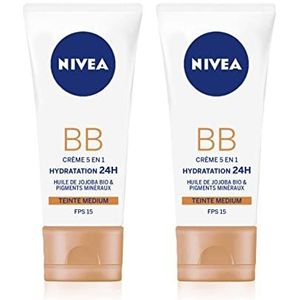 NIVEA Essentials BB Cream Hydratatie 24 uur + glans, vochtinbrengende crème voor gezicht, medium tint, biologische jojoba-olie, dagverzorging SPF 15