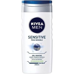 NIVEA MEN Sensitive 3-in-1 douchegel (1 x 250 ml), douchegel voor heren voor de gevoelige huid, zachte reiniging voor lichaam, haar en gezicht, douchezeep met bamboe-extract