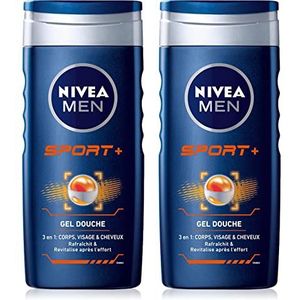 NIVEA MEN Sport 3-in-1 douchegel voor lichaam, gezicht en haar, milde reiniger na het sporten, revitaliserende douchesep en 24-uurs frisheid - 2 x 250 ml