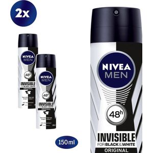 NIVEA MEN Invisible for Black & White Original Anti-Transpirant Spray - Geen witte of gele vlekken - Quickdry - Alcoholvrij - Beschermt 72 uur - 2 x 150ml