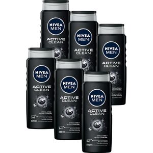 NIVEA MEN Active Clean Douchegel - 3-in-1 Shower Gel Met natuurlijk actief houtskool - Shampoo - Voordeelverpakking - 6 x 500 ml