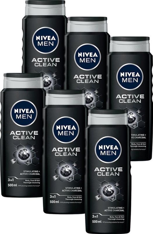 NIVEA - Active Clean - Douchegel - Houtskool - 3-in-1 - 6 x 500 ml