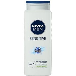 NIVEA MEN Sensitive 3-in-1 douchegel (1 x 500 ml), douchegel voor heren voor de gevoelige huid, zachte reiniging voor lichaam, haar en gezicht, douchezeep met bamboe-extract