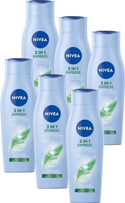 NIVEA 2-in-1 Express Shampoo & Conditioner - Shine serum - Met aloë vera - Voordeelverpakking 6 x 250 ml