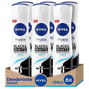 Nivea Black & White Invisible Fresh Luchtverfrisser, spray, 6 x 150 ml, frisse en streepvrij, anti-transpirant-spray beschermt huid en kleding